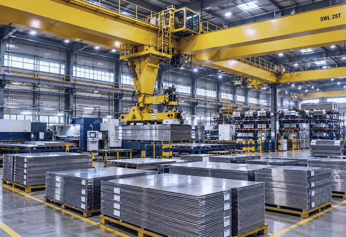 Overhead crane handling stacked metal panels