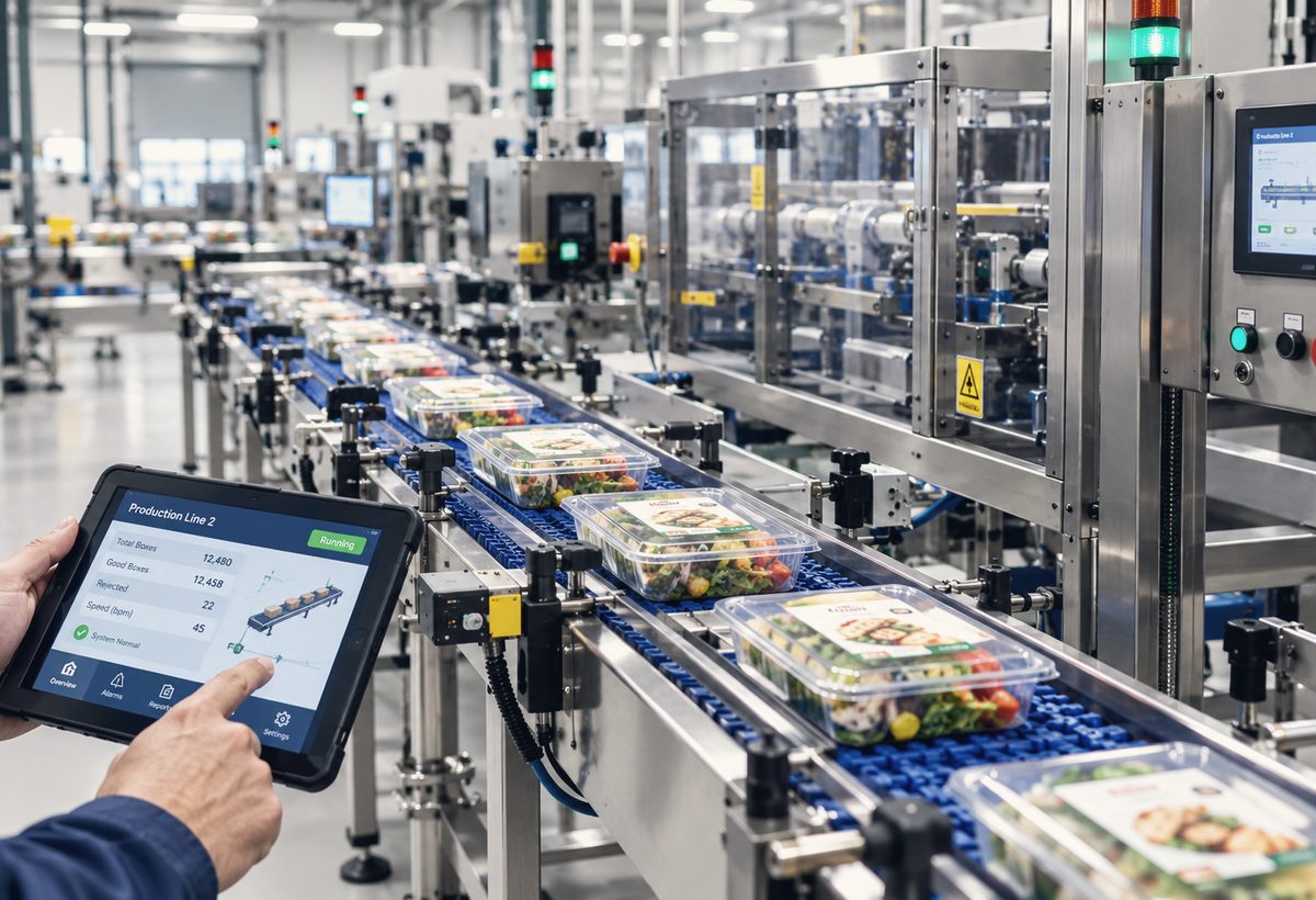 Packaged-food line monitored from a production tablet