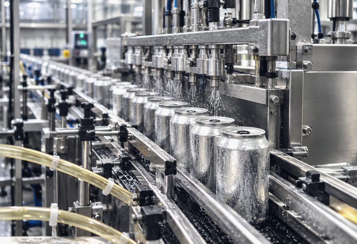 Aluminium cans on a beverage canning line