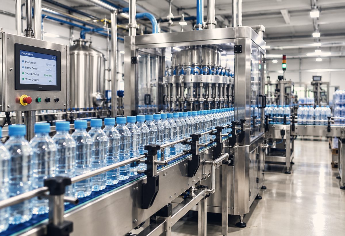 Plastic bottles on an automated packaging line