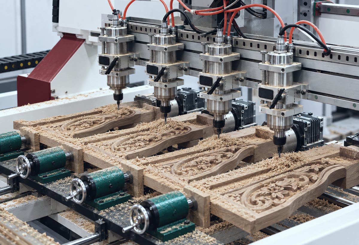 CNC router shaping wood panels in a cabinetry workshop